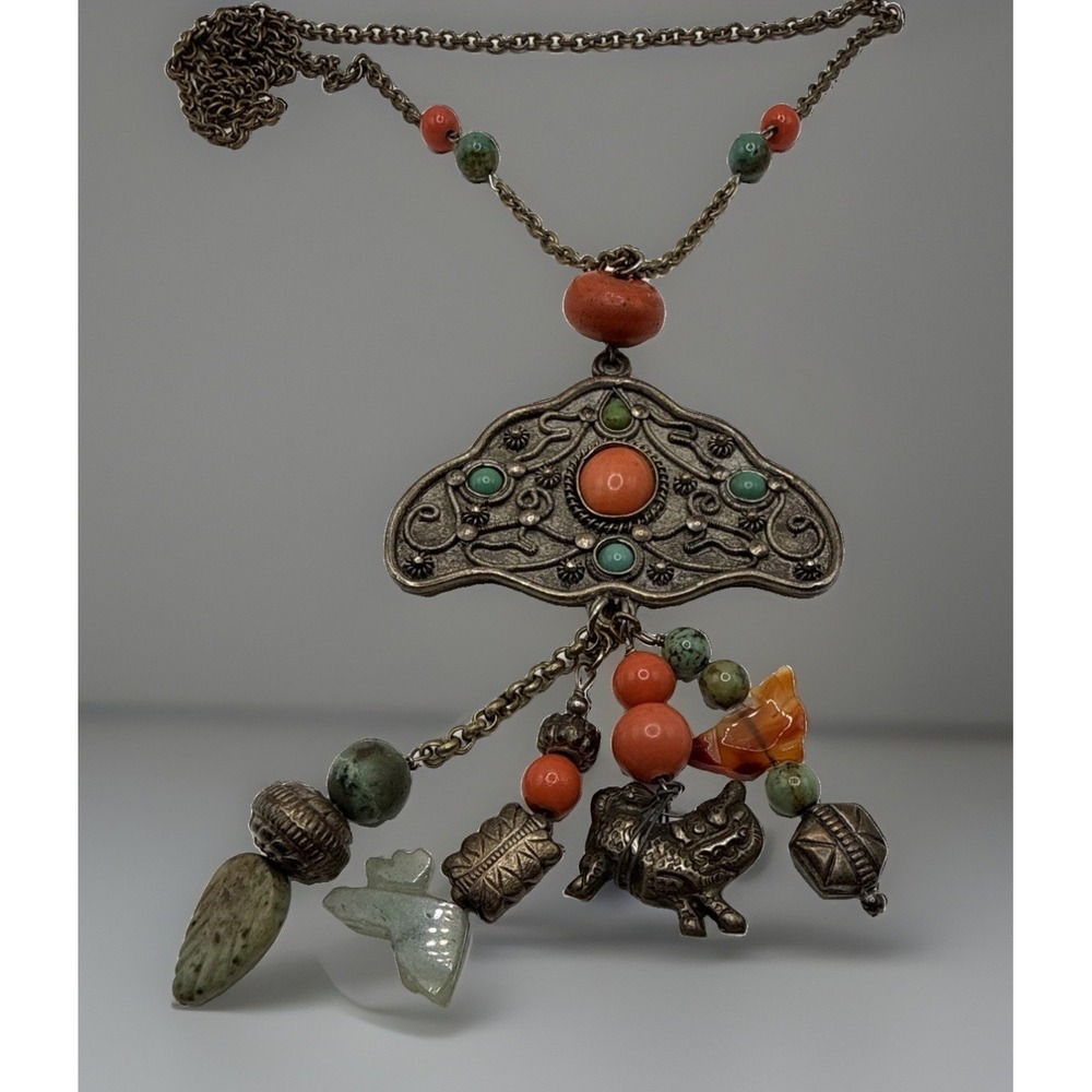 Vintage Asian Tibetan Style Multicolor Stone Bead Charm Pendant Necklace